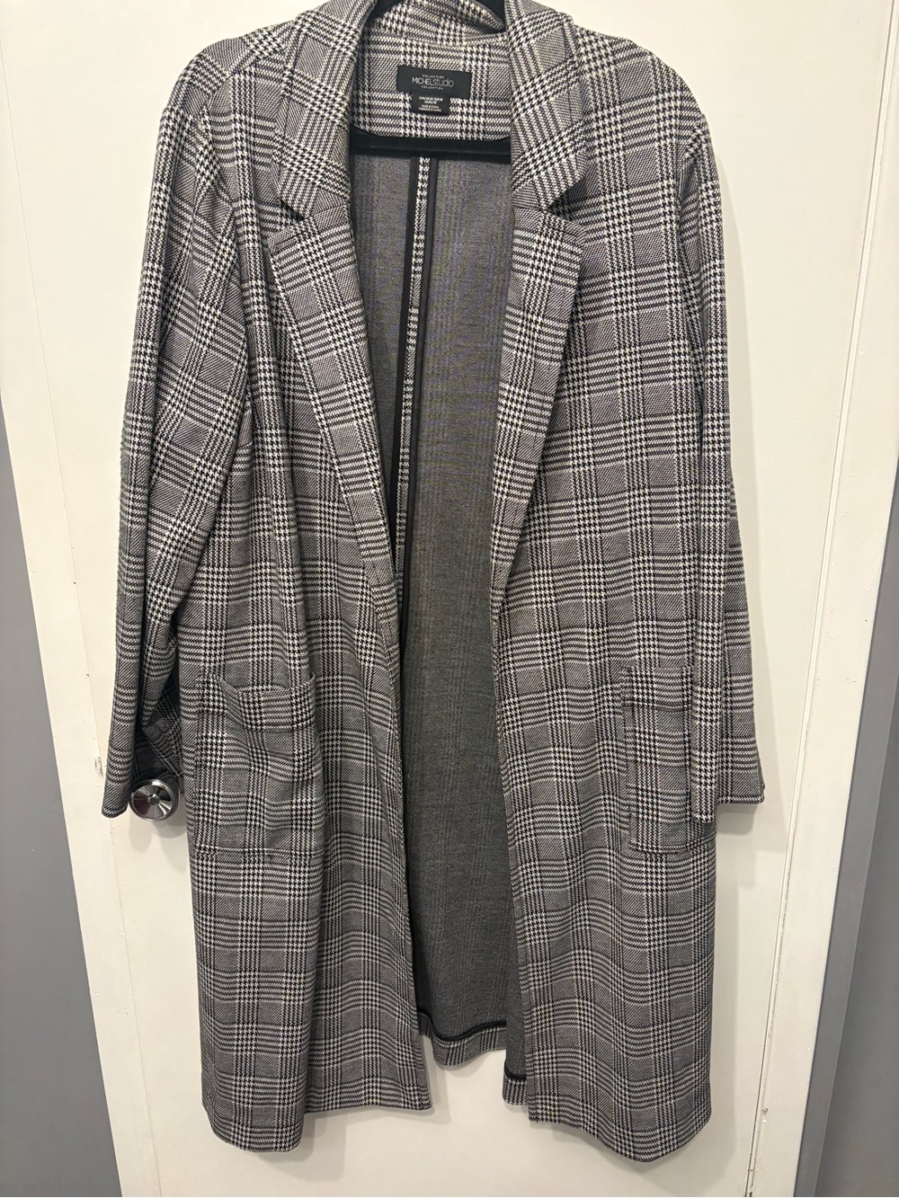 Michel Studio Gray Plaid Longline Open Front Coat